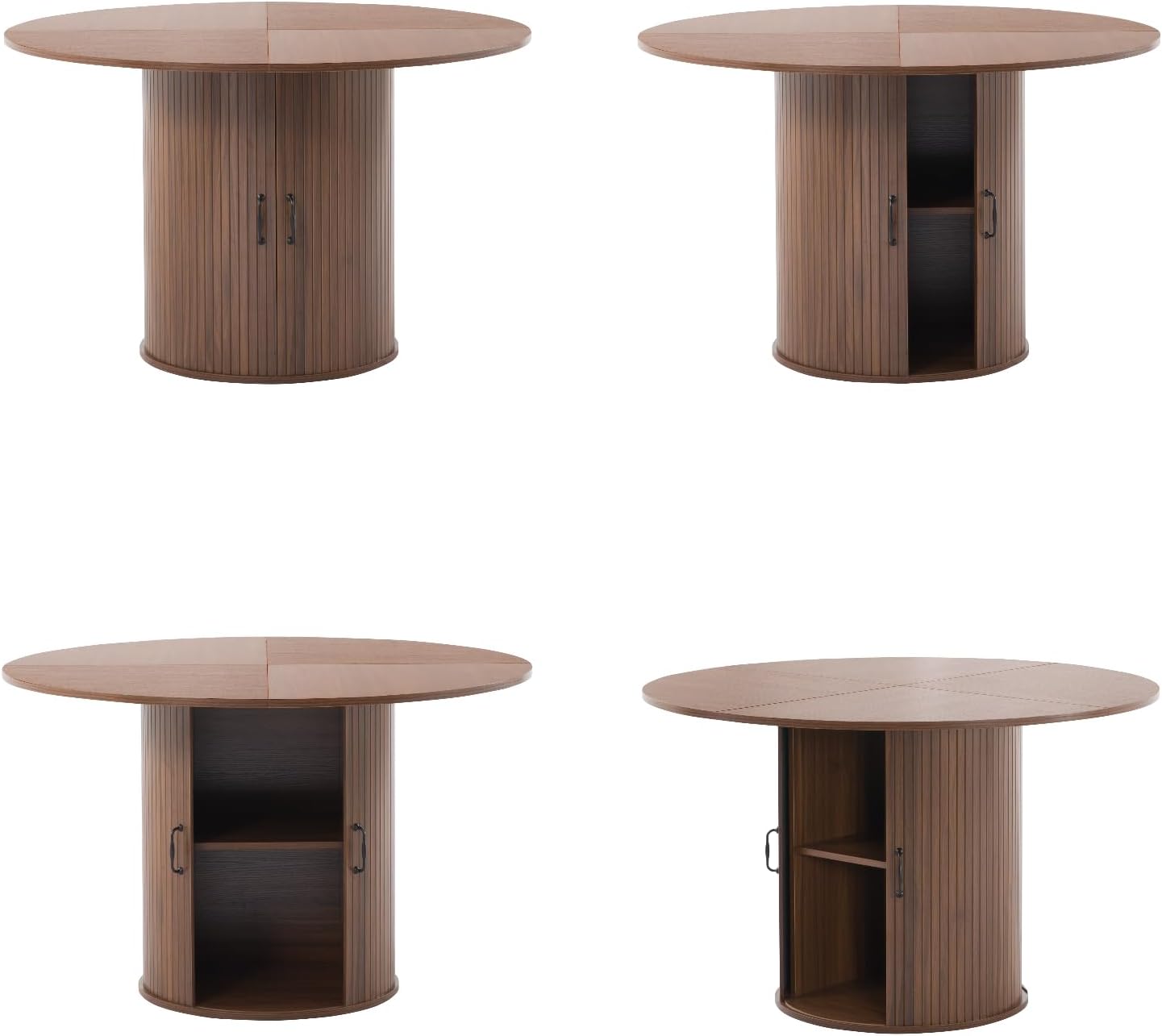 Round Dining Table with Storage Cabinet, Wood Kitchen Table with Double Doors & 2-Tier Storage Shelves, Cylindrical Pedestal Table for Small Spaces, Living Room, Seat for 4-6 People, Walnut