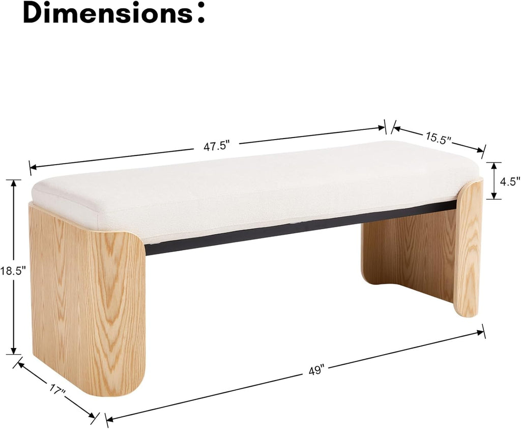 DUOMAY Modern White Chenille Bedroom Bench, 49" Wide Long Entryway Bench with Solid Wood Legs Upholstered Dining Bench Ottoman for Living Room Indoor