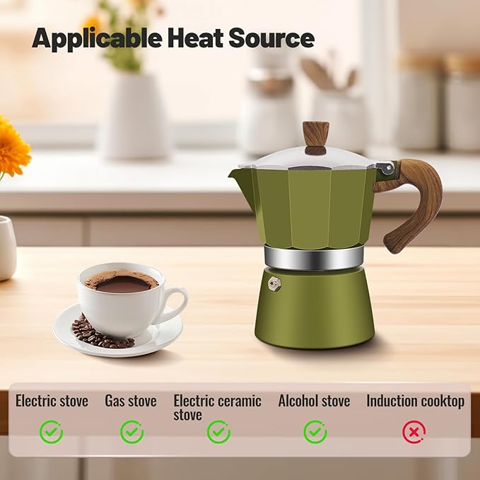 3 Cup Aluminum Moka Pot Classic Stovetop Espresso Coffee Maker 150ml 5oz Coffeemaker Percolator Mocha Pot Greca Coffee Maker Cafe Makers for Italian and Cuban Café Brewing Green