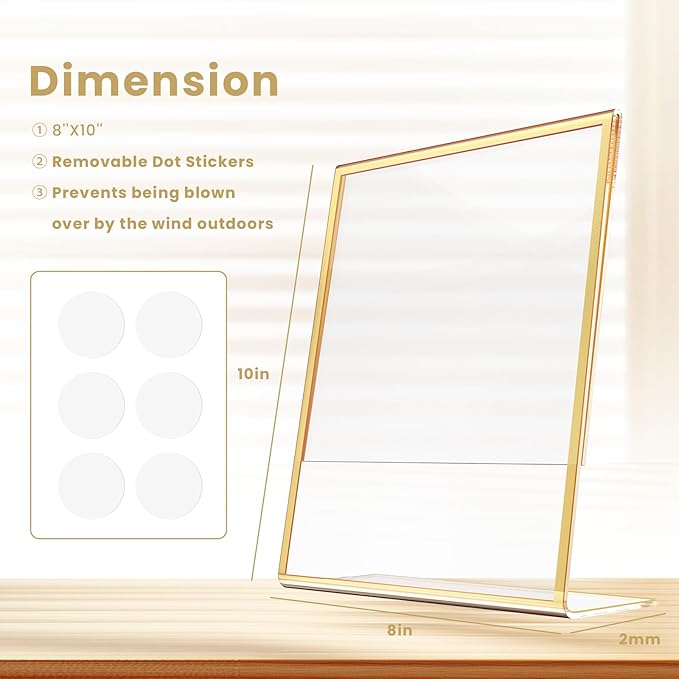 Acrylic Gold Frames 8 x10, Slanted Back Gold Picture Frames Table Acrylic Sign Holder for Photos Wedding Table Numbers and Art Display with Removable Clear Sticky Dots,3 Pack