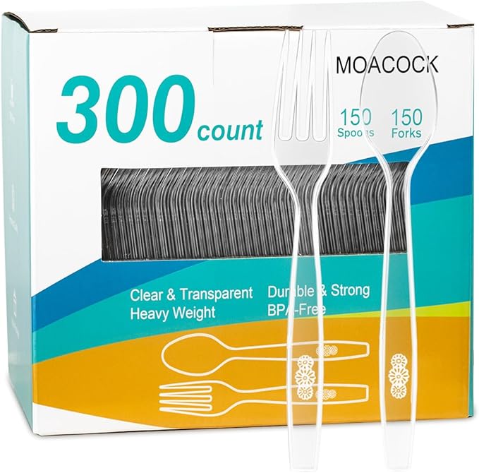 300 Count Plastic Silverware, Heavy Weight Plastic Forks Spoons Disposable Utensils Cutlery Set for Wedding Party Supplies Everyday Use