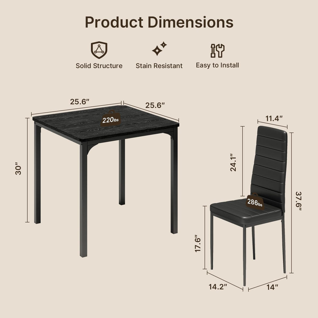 Gizoon Kitchen Table for 2, Table and Chairs Set of 2, 3 Piece Dinner Table Set with 2 Upholstered PU Leather Chairs for Dining Room, Living Room, Apartment, Small Space, Black