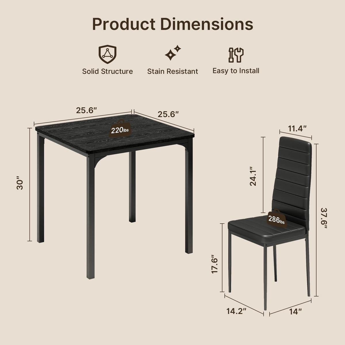 Gizoon Kitchen Table for 2, Table and Chairs Set of 2, 3 Piece Dinner Table Set with 2 Upholstered PU Leather Chairs for Dining Room, Living Room, Apartment, Small Space, Black