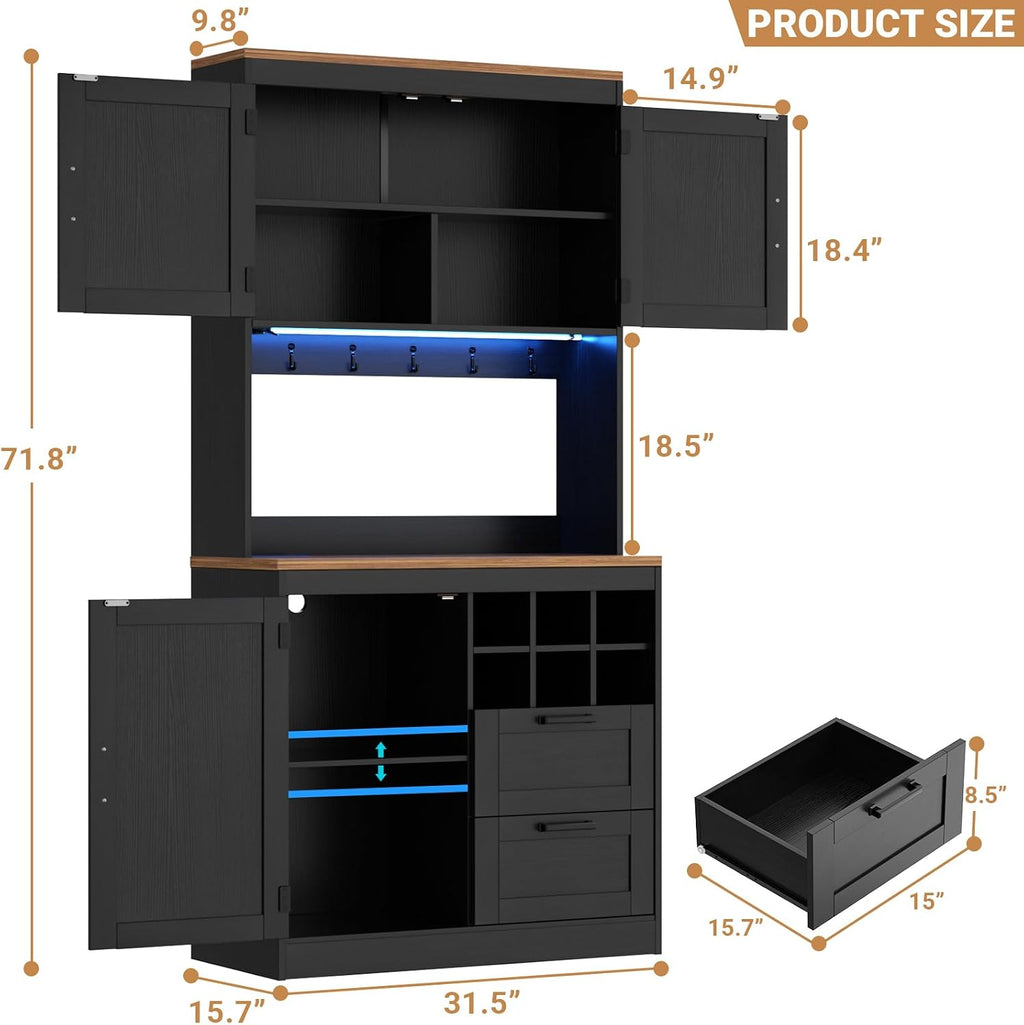 Unikito 72" Tall Kitchen Pantry Cabinet with LED Light & Power Outlet | Black and Rustic, Coffee Bar Hutch with Microwave Stand, Wine Rack, Drawers, Storage Shelves Cupboard for Dining Room