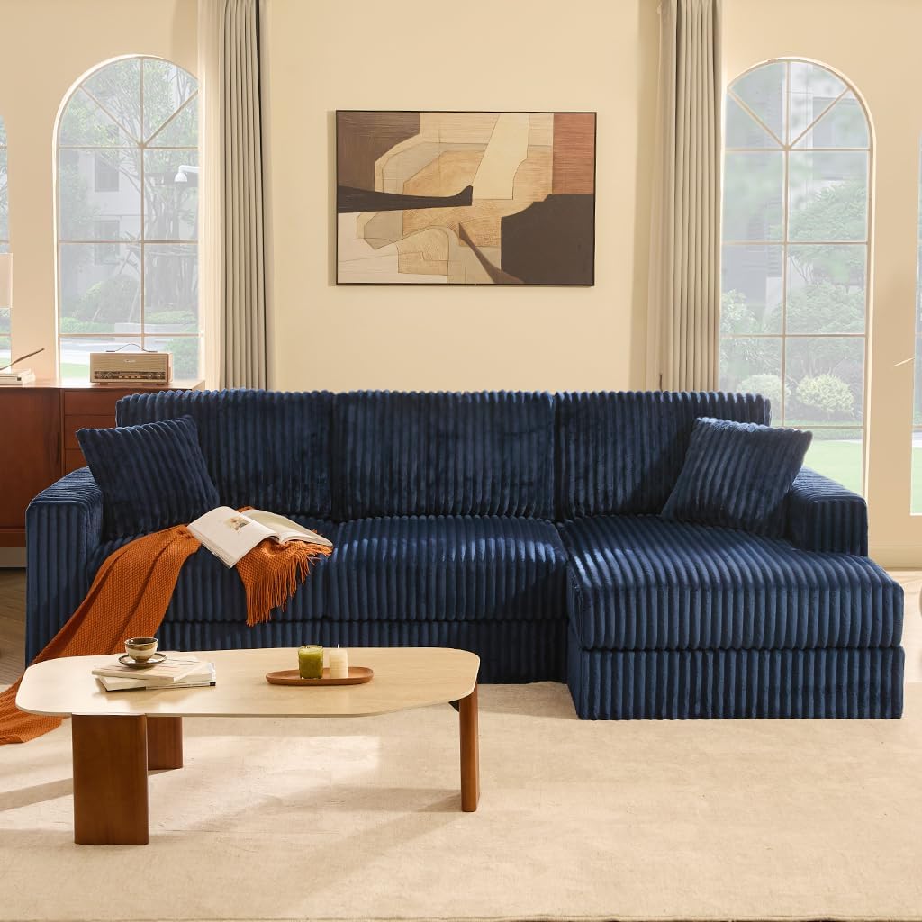 GOSUHI 113" L-Shaped Cloud Couch, Modular Sectional, Deep Seats, Navy | Pocket Spring Cushions, Oversized 3-Seater, Right Facing Chaise, Corduroy Upholstery Couches for Living Room