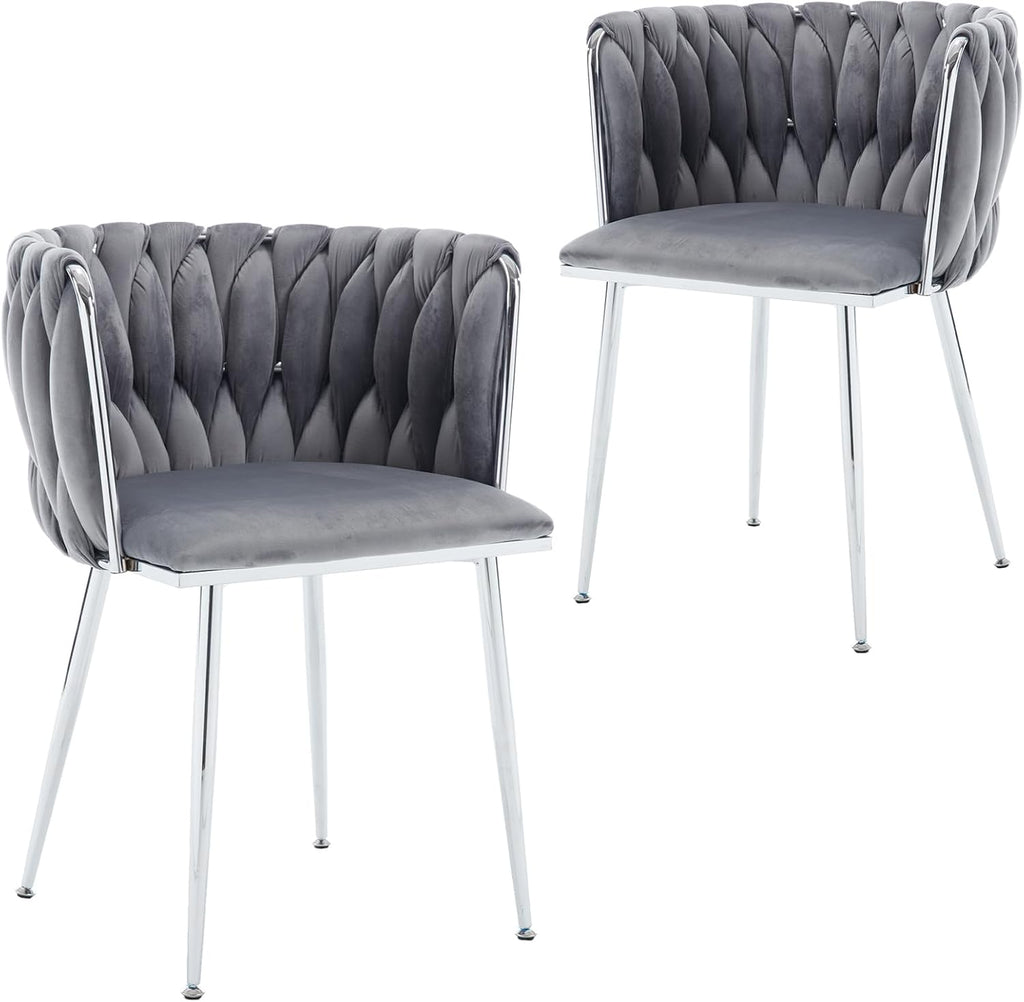 Modern Velvet Dining Chairs Set, Upholstered Dining Chair with Woven Back and Silver Metal Legs, Modern Armchair for Living Room/Kitchen/Bedroom (Gray, 2pcs)