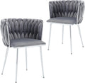 Modern Velvet Dining Chairs Set, Upholstered Dining Chair with Woven Back and Silver Metal Legs, Modern Armchair for Living Room/Kitchen/Bedroom (Gray, 2pcs)