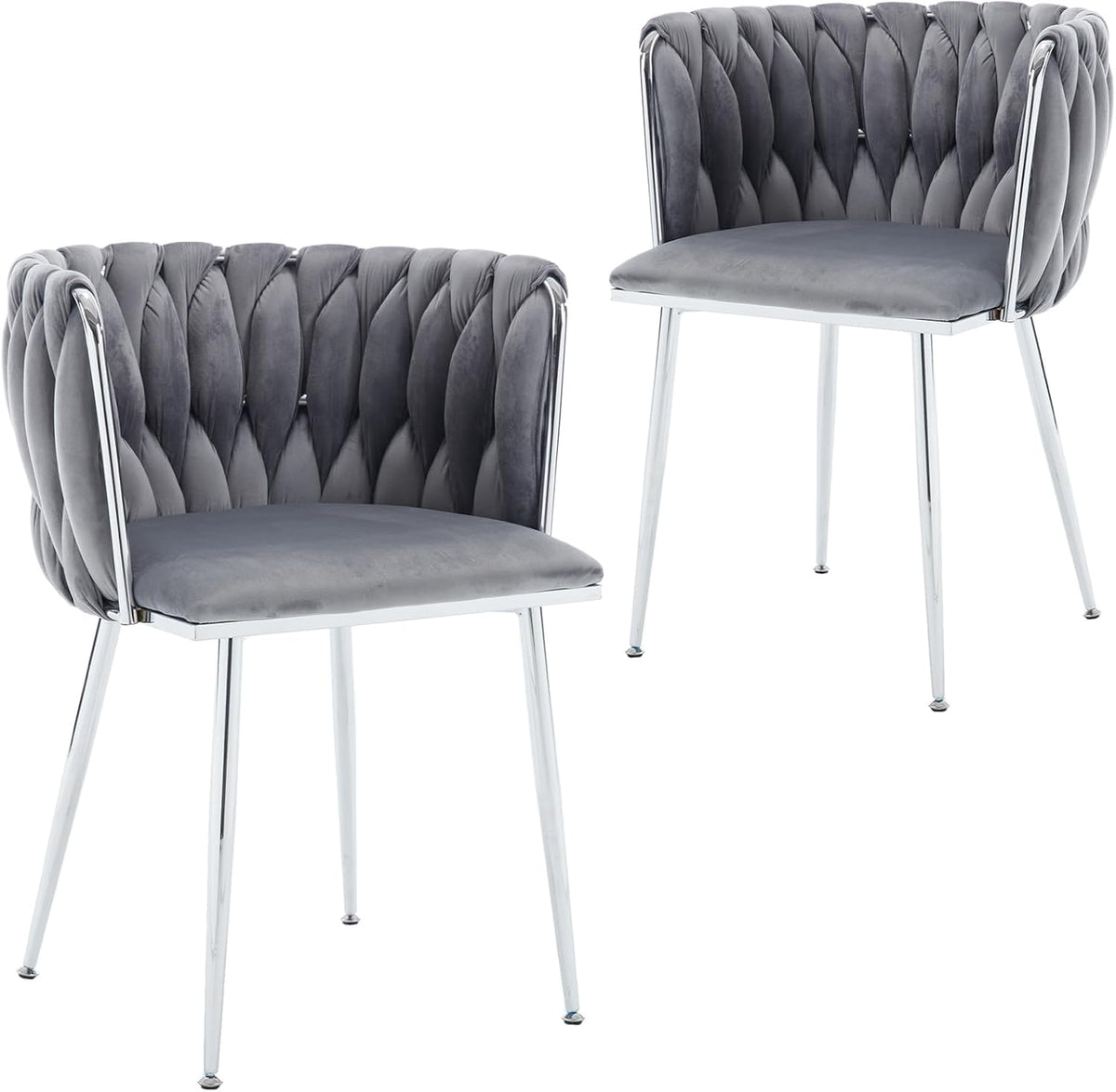 Modern Velvet Dining Chairs Set, Upholstered Dining Chair with Woven Back and Silver Metal Legs, Modern Armchair for Living Room/Kitchen/Bedroom (Gray, 2pcs)