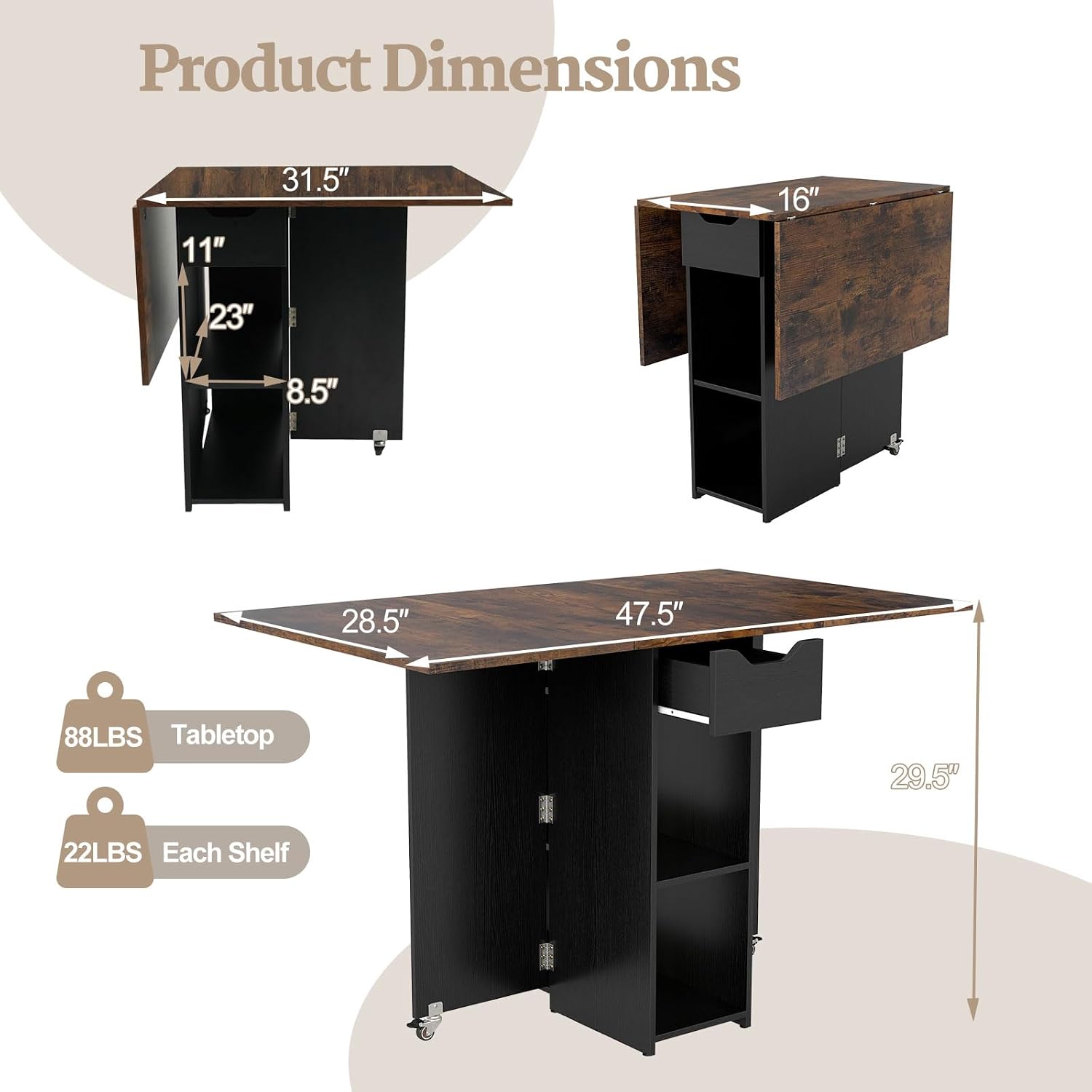 GOFLAME Drop Leaf Dining Table for 2-4, Folding Kitchen Table with Open Shelves & Drawer, Lockable Wheels, Space Saving Extendable Table for Dining Room, Living Room, Small Space, Rustic Brown & Black