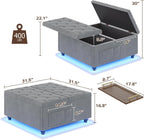 Dnxao Ottoman Coffee Table with Storage and Tray for Living Room, Gray | Tufted Velvet Large Square Ottoman with LED Lights and Charging Station, Multi-Functional Footrest with Storage Pockets