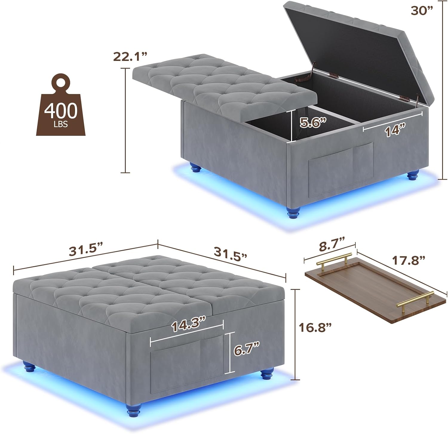 Dnxao Ottoman Coffee Table with Storage and Tray for Living Room, Gray | Tufted Velvet Large Square Ottoman with LED Lights and Charging Station, Multi-Functional Footrest with Storage Pockets