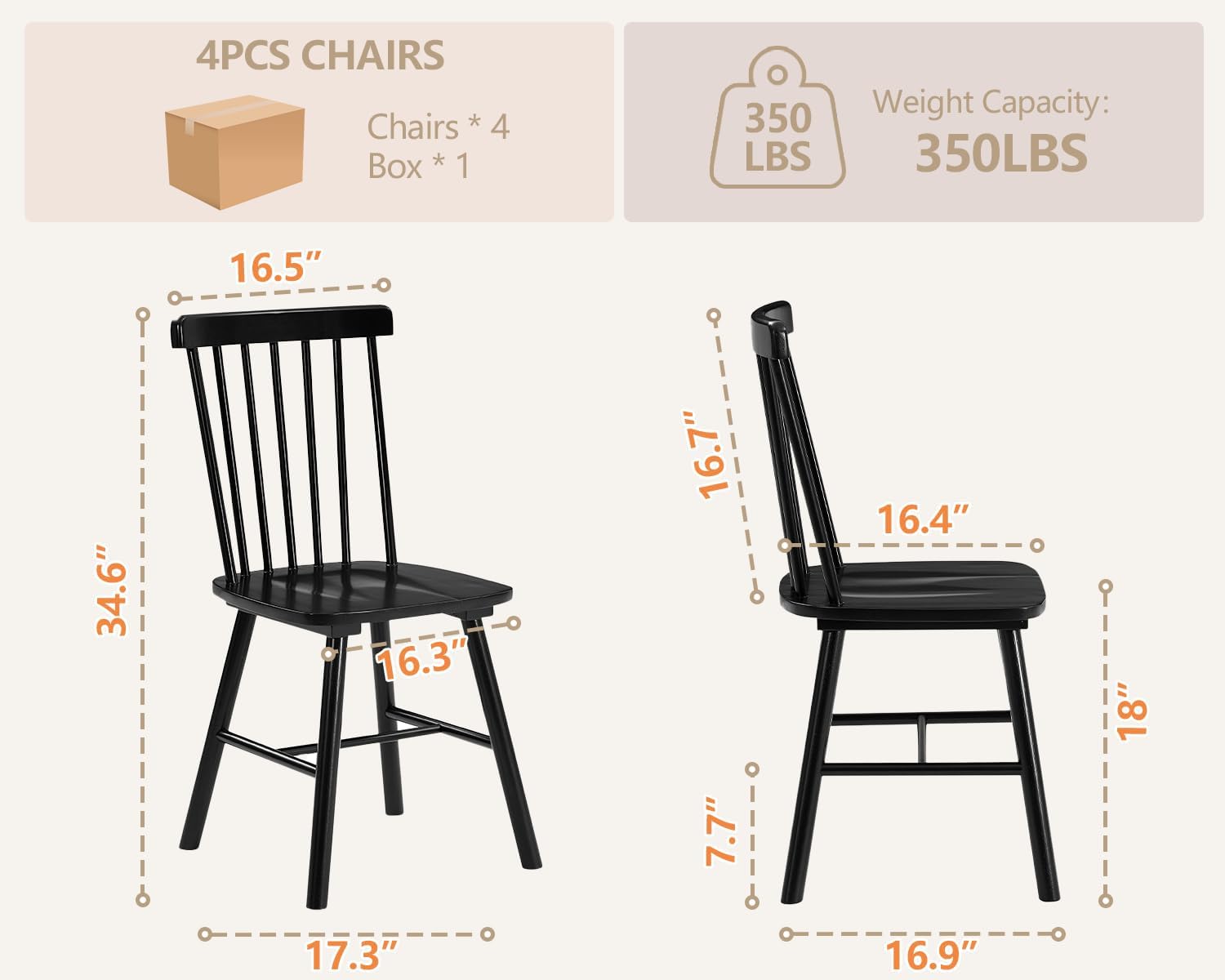 PrimeZone Windsor Dining Chairs Set of 4 with Spindle Back, Black | Solid Rubber Wood Farmhouse Kitchen Chair, Mid-Century Modern Side Dining Chair for Dining Room, Kitchen & Restaurant
