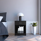 Nightstand 21" H, One Drawer, Low Shelf, Superior Top, Black,for Small Spaces