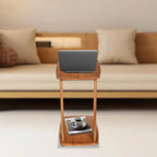 C Shaped Side Table for Couch, Solid Wood End Table with Rolling Wheels, Sofa Table That Slide Under for Small Space Living Room, Bedroom Laptop Work Desk (Walnut)