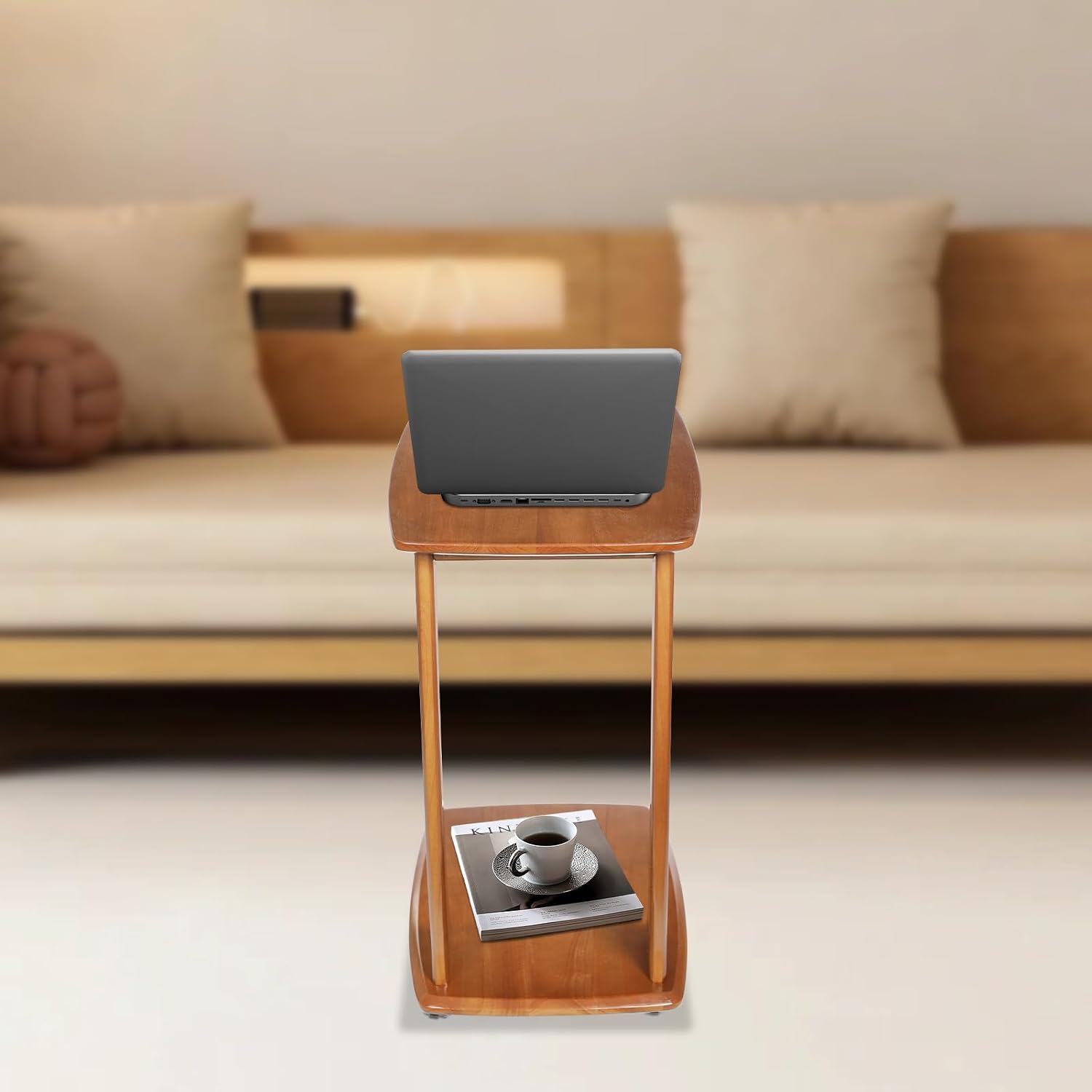 C Shaped Side Table for Couch, Solid Wood End Table with Rolling Wheels, Sofa Table That Slide Under for Small Space Living Room, Bedroom Laptop Work Desk (Walnut)