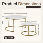Otterease Nesting Tables Set of 2, 31.5" Round Coffee Table, Small Nesting Coffee Table with Adjustable Non-Slip Fee, White Marble Top Stack Nesting Tables Set of 2 for Living Room, Bedroom (White)