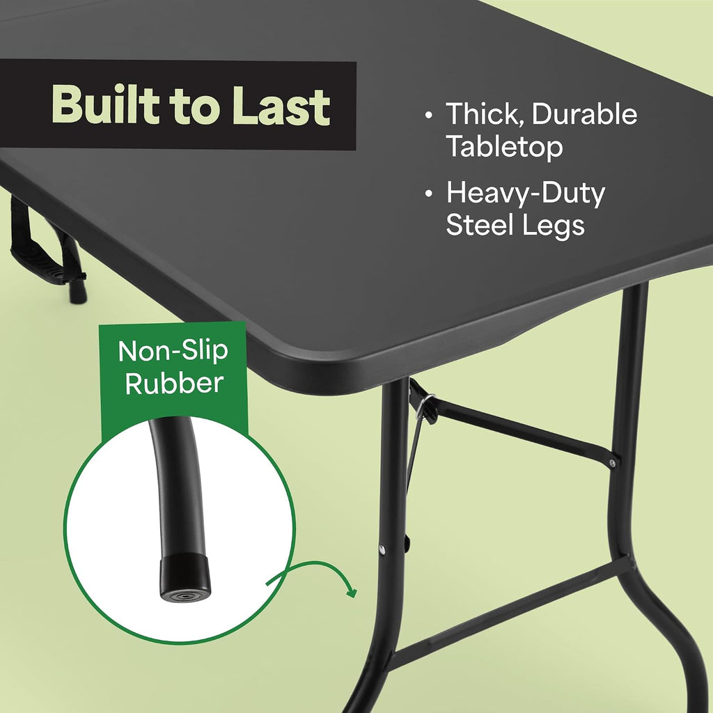 EconoHome Black 6ft Folding Table with Handle | Heavy-Duty Foldable Table | Portable Table for Indoor & Outdoor Use | Perfect for Events, Camping, Parties, Dining & More