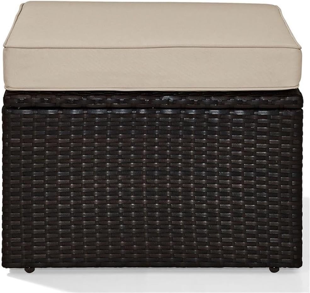 Pemberly Row Wicker Patio Ottoman, Brown Finish with Sand Cushions, Resin Wicker and Steel Frame, UV/Fade Resistant, 23" W x 23" D x 17.5" H, Outdoor Footrest for Deck, Patio, or Garden Use