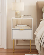 Masupu Night Stand, Mid-Century Bedside Table with Storage Drawer and Open Wood Shelf, Small Gold Frame Flueted Nightstand, Side Table for Bedroom, Living Room, White(Tall 25'')