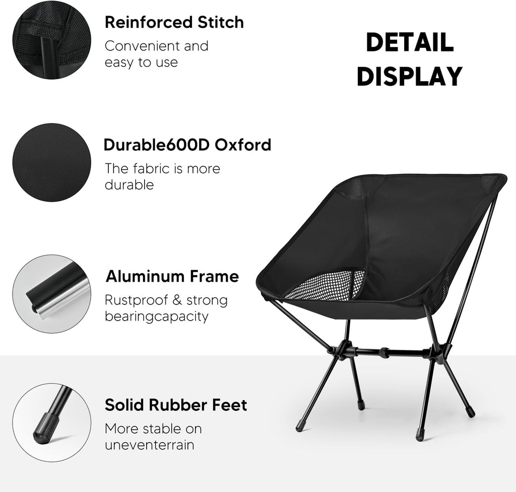 Lightweight Portable Camping Chair - Folding Backpacking Hiking Chair with Carry Bag for Outdoor Travel, Beach, Picnic, Festival (Black)