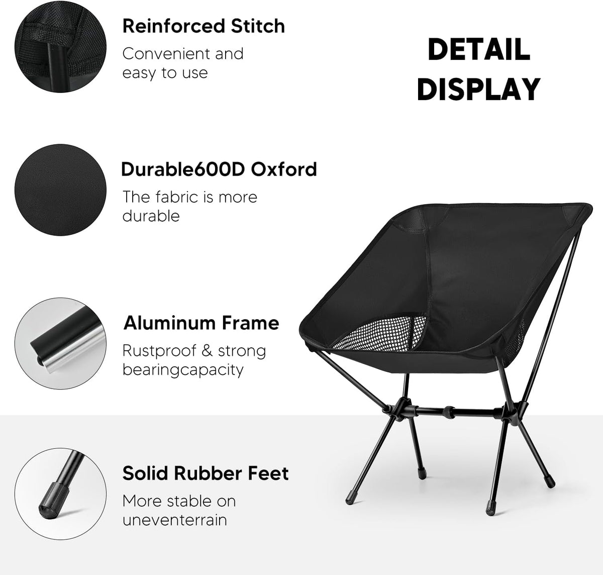 Lightweight Portable Camping Chair - Folding Backpacking Hiking Chair with Carry Bag for Outdoor Travel, Beach, Picnic, Festival (Black)