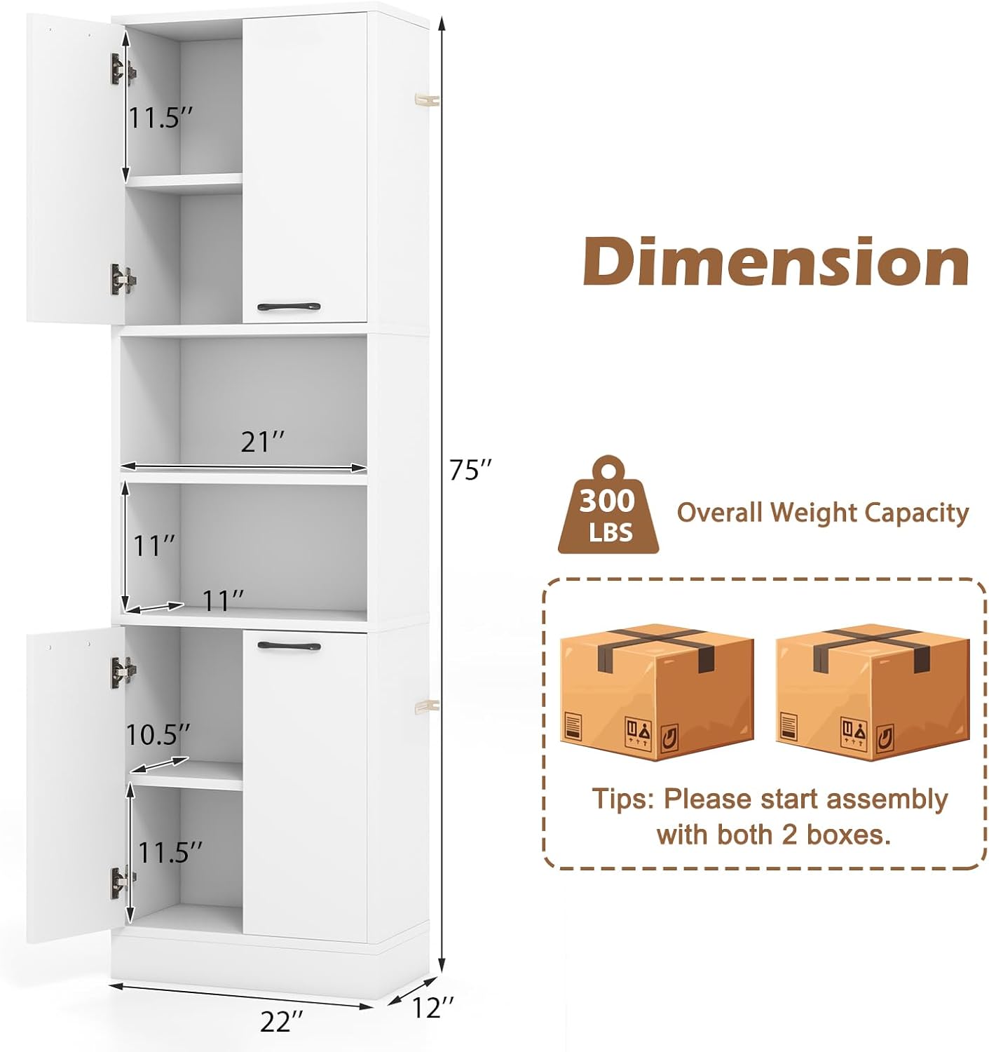 POWERSTONE Wood Kitchen Pantry Cabinet, 75" Tall Bathroom Storage Cupboard with 4 Doors & Shelves, Slim Freestanding Utility Hutch for Dining Room, Living Room, Bathroom White