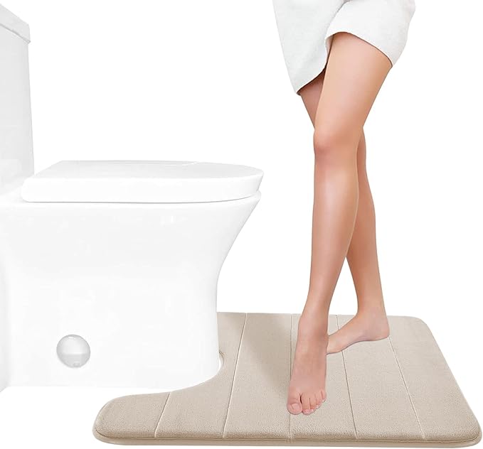 Yimobra Memory Foam Toilet Bath Mat U-Shaped, Soft and Comfortable, Super Water Absorption, Non-Slip, Thick, Machine Wash and Easier to Dry for Bathroom Commode Contour Rug, 24 X 20 Inches, Beige