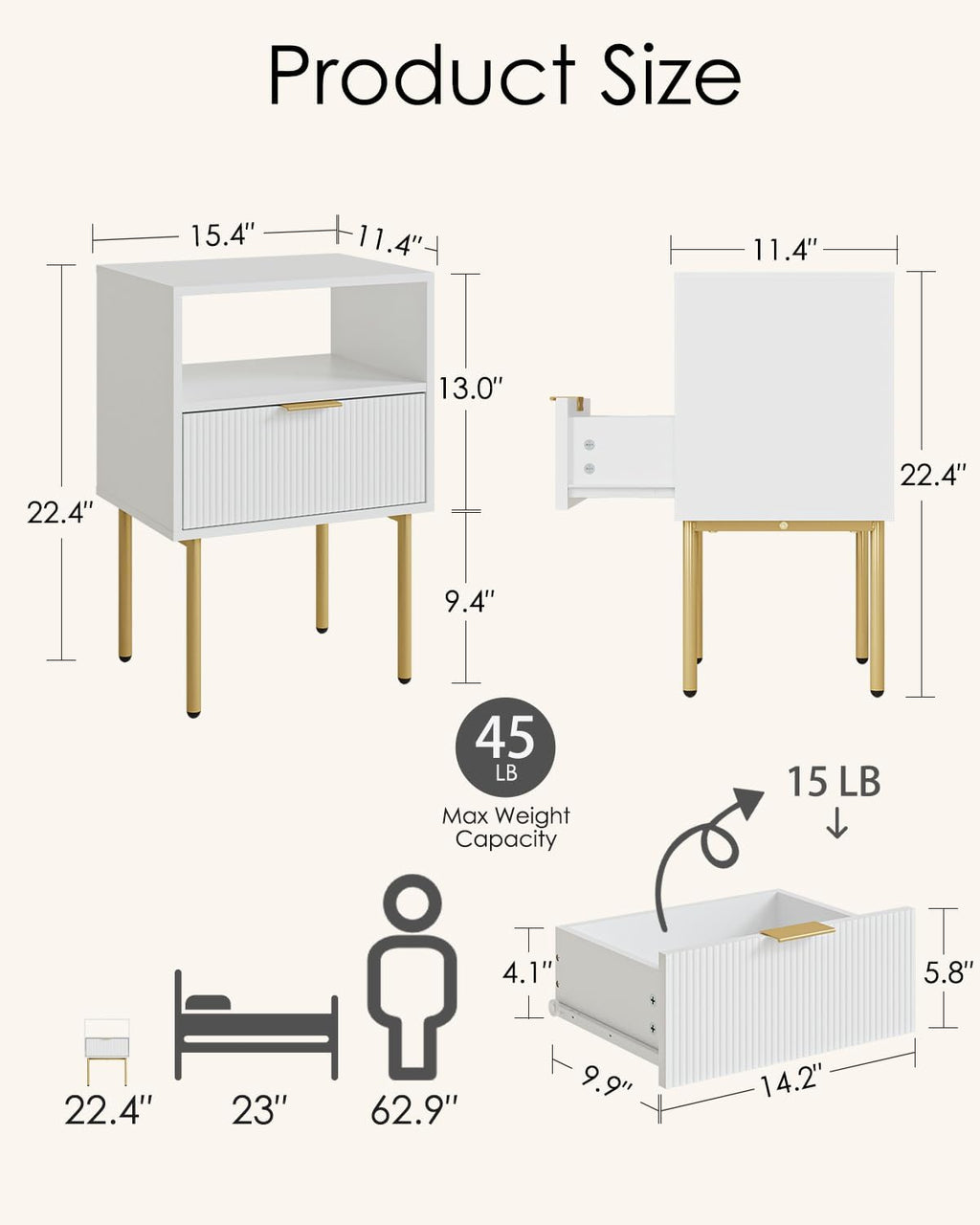 Aienvey Night Stand, Modern Nightstand with Drawers, Bedside Table, Gold Small Side Table for Bedroom, Living Room End Table (White Stripe, 1 Drawer)