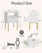 Aienvey Night Stand, Modern Nightstand with Drawers, Bedside Table, Gold Small Side Table for Bedroom, Living Room End Table (White Stripe, 1 Drawer)