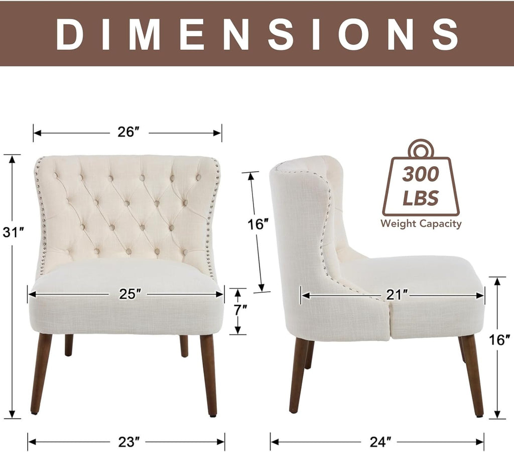 chairus Tufted Slipper Accent Chairs Set of 2, Linen Upholstered Armless Living Room Chairs with Nailhead Trim, Mid-Century Modern Wingback Side Chairs for Bedroom Office Reception, Cream White