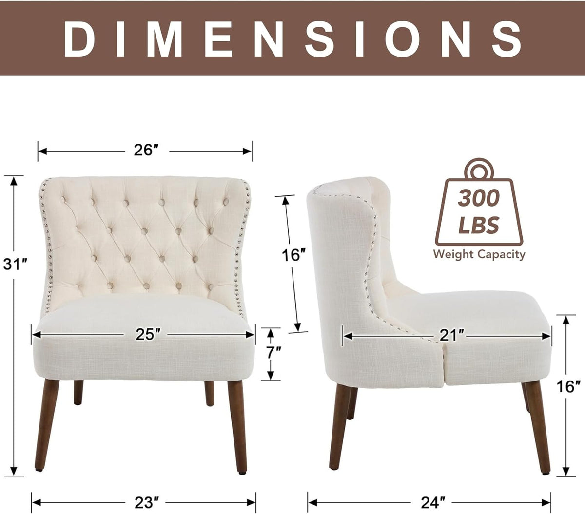 chairus Tufted Slipper Accent Chairs Set of 2, Linen Upholstered Armless Living Room Chairs with Nailhead Trim, Mid-Century Modern Wingback Side Chairs for Bedroom Office Reception, Cream White