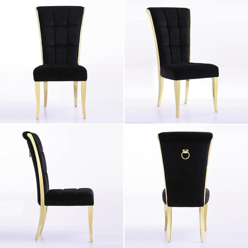 ACEDÉCOR Black and Gold Dining Chairs, Black Velvet Upholstered Chairs with Ring Pull, High Back Dining Chairs with Polished Gold Legs(Set of 2)