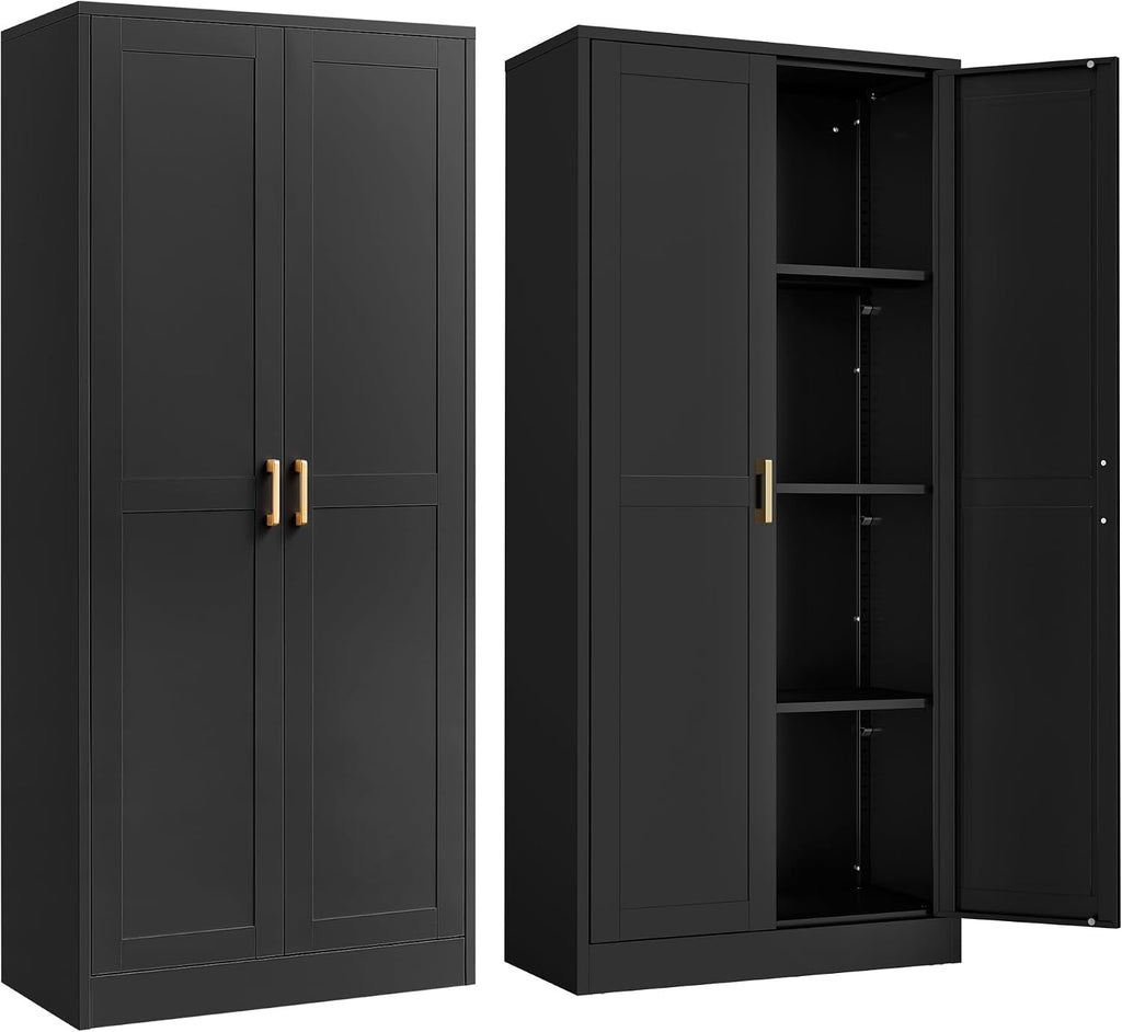 Steeloong 60"Metal Pantry Storage Cabinet with Doors & 4 Adjustable Shelves | Kitchen Pantry Cabinet,Black Kitchen Cabinet with 2 Gold Handles,Tall Cabinet for Livingroom,Pantry, Bathroom,Kitchen,Garage