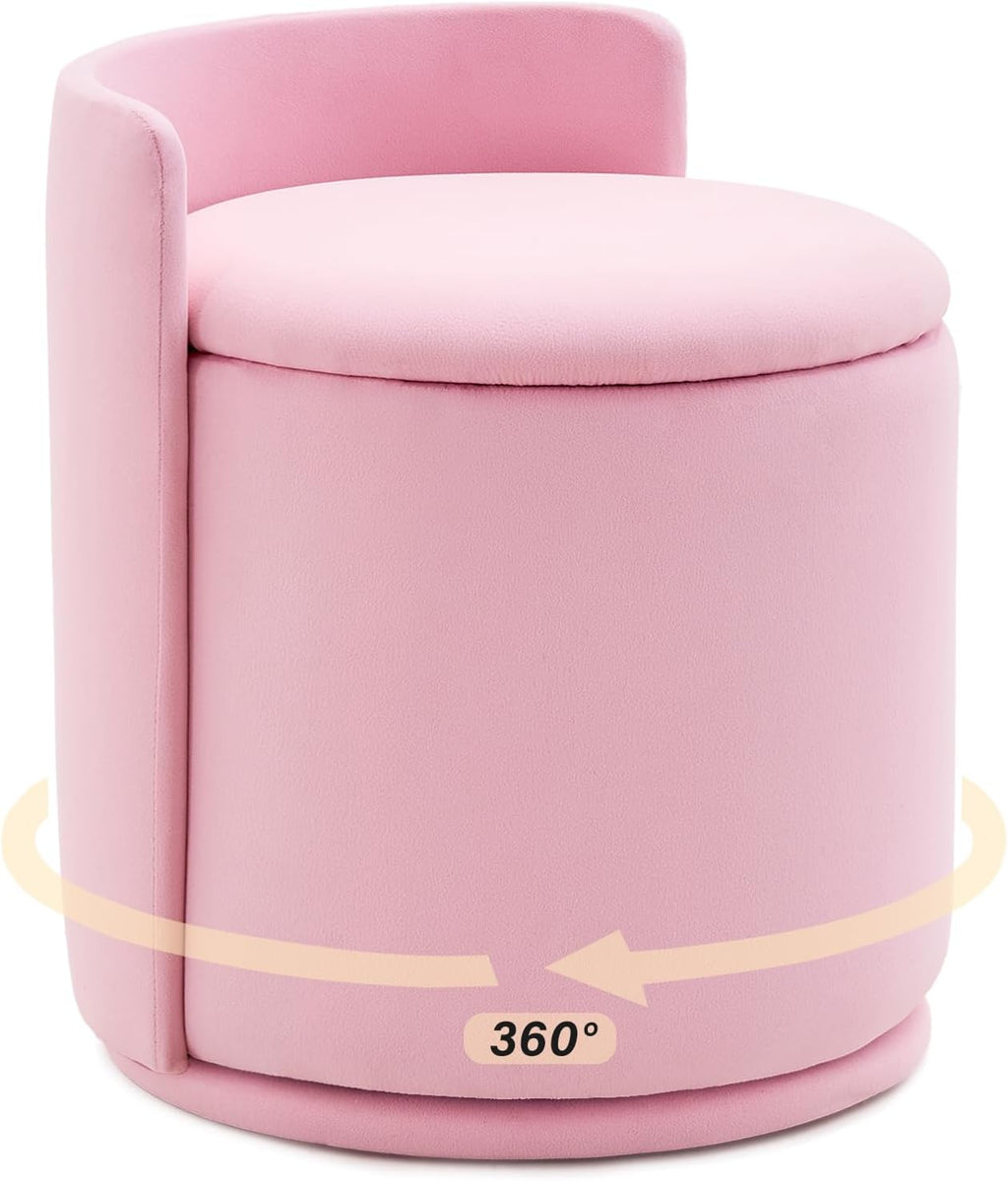Vanity Chair with Storage and Back 360°Swivel Makeup Chair 17" D x 17" W x 20" H Soft Seat Ottoman Small Side Table Hallway Footstools for Living Room Makeup Room (Pink)
