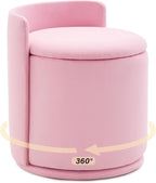 Vanity Chair with Storage and Back 360°Swivel Makeup Chair 17" D x 17" W x 20" H Soft Seat Ottoman Small Side Table Hallway Footstools for Living Room Makeup Room (Pink)