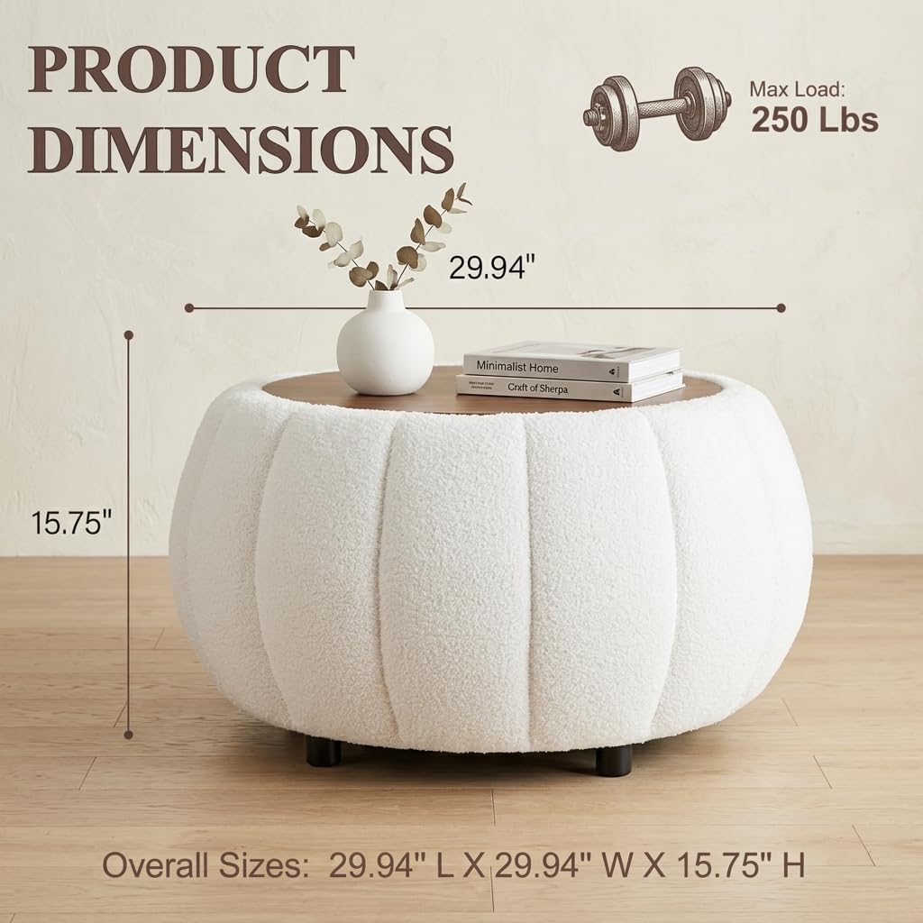 Ottoman Coffee Table for Living Room, Wooden Top Large Storage Ottoman, 30 Inches Round Coffee Table, Pumpkin Shaped Side Table, Multifunctional Teddy Fabric Footstool (White)