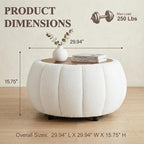 Ottoman Coffee Table for Living Room, Wooden Top Large Storage Ottoman, 30 Inches Round Coffee Table, Pumpkin Shaped Side Table, Multifunctional Teddy Fabric Footstool (White)