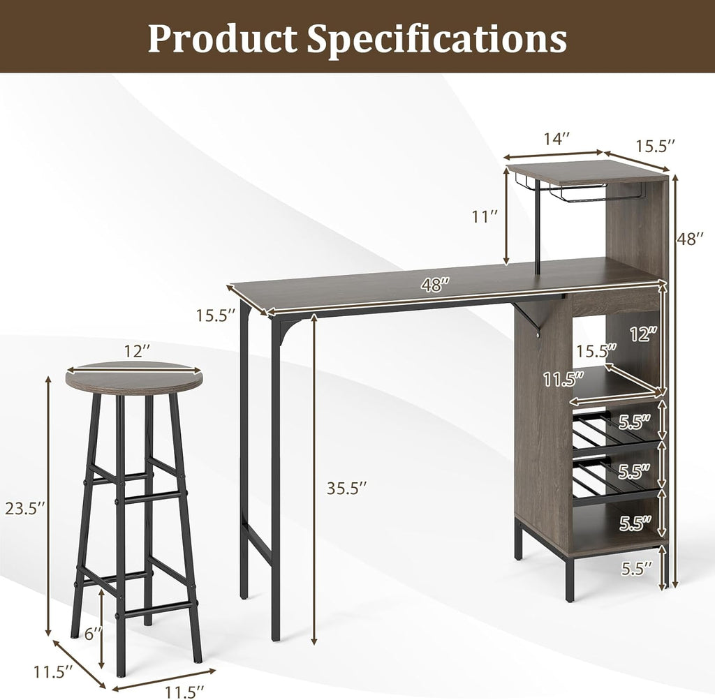 GOFLAME Bar Table Set for 2, Counter Height Dining Table Set with Shelves, Cup Holder & Wine Rack, Breakfast Table & Stools Set, 3-Piece Pub Table Set for Kitchen, Dining Room, Grey Oak