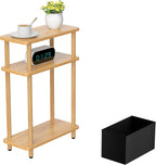THUMEYE Narrow Side Table with Fabric Basket, 7" Wide, 3 Tier Skinny End Table with Wood Legs, Slim Nightstand/Bedside Table for Small Spaces, with Adjustable Feet, 15.7" L x 23" H