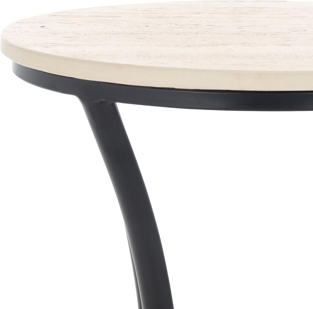 SAFAVIEH Home Collection - Saxony Side Table, Round Beige Travertine Top with Black Metal Legs, Fully Assembled (ACC3731A)