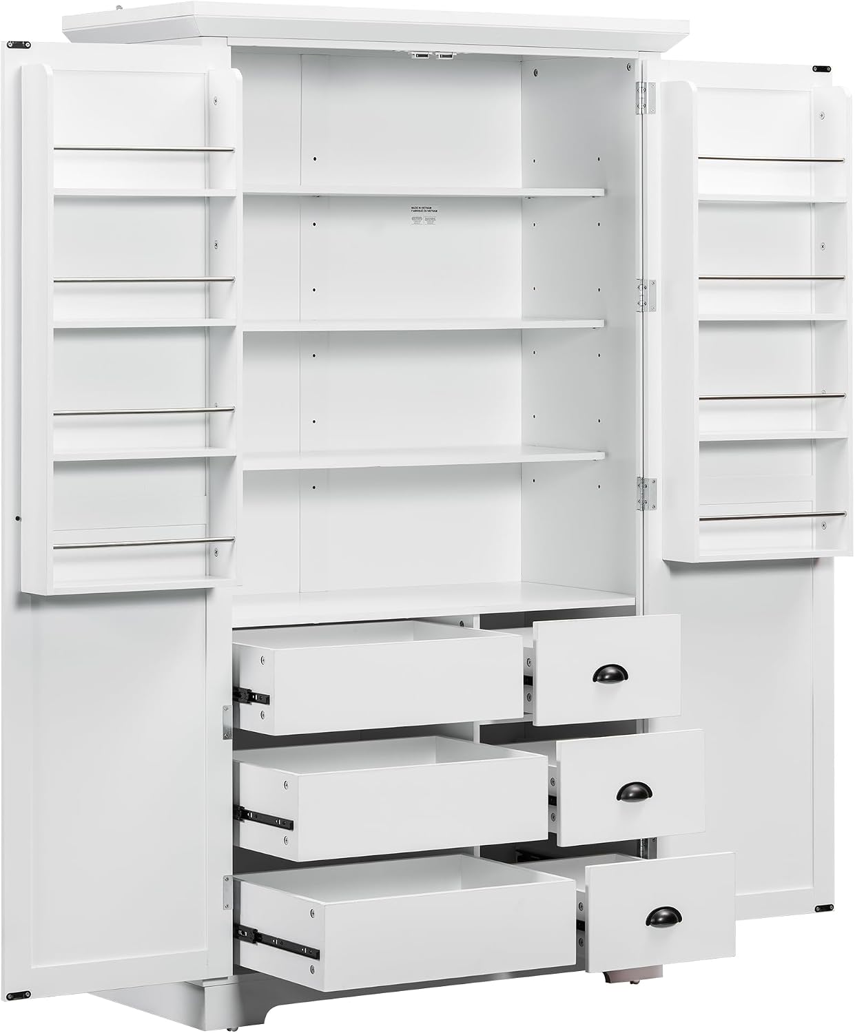 72''H Farmhouse Kitchen Pantry Cabinet, Freestanding Kitchen Pantry with Door Shelves, Adjustable Shelves, and 6 Drawers, Large Cupboard for Dining Room Living Room, White