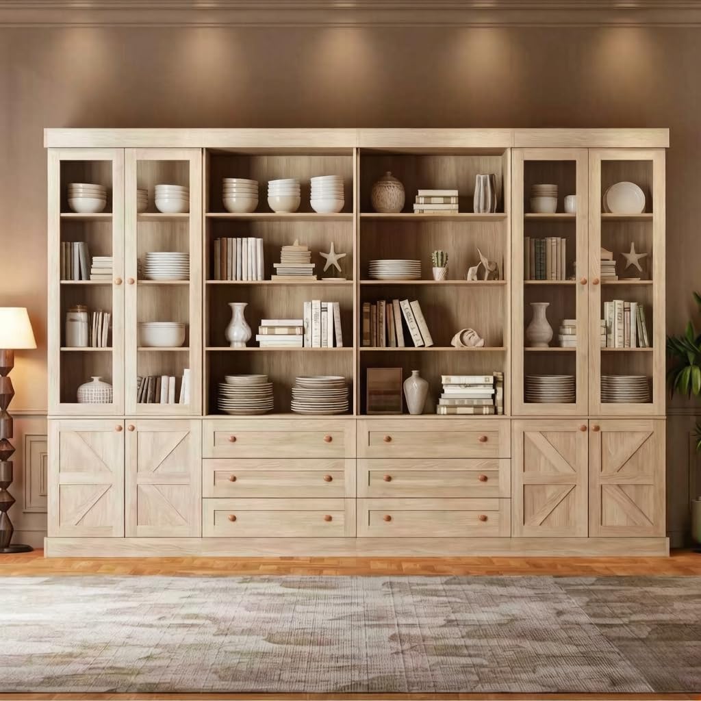 71" Tall Farmhouse Kitchen Pantry, Large Storage Cabinet with Glass Doors, Adjustable Shelves, 3 Drawer, Wood Versatile Hutch Cabinet for Dining Room, Living Room，Brown，4pcs