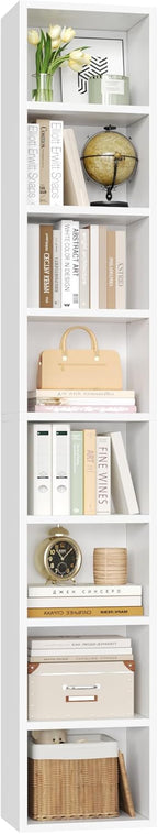 FOTOSOK White Bookshelf 8-Tier Narrow Bookshelf, 11.6 X 9.3 X 70.9 Tall CD DVD Media Tower Rack with 4 Adjustable Shelves, Tall Narrow Bookcase Slim Display Bookshelf with Cube Storage for Home Office