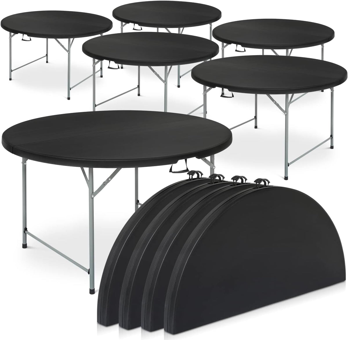 MoNiBloom 5Ft 5-Piece Folding Table Set (Black - 10 Pack, 5ft) | Heavy Duty Round Indoor Outdoor Tables for Kitchen Party Wedding Festival Event Poolside, Black