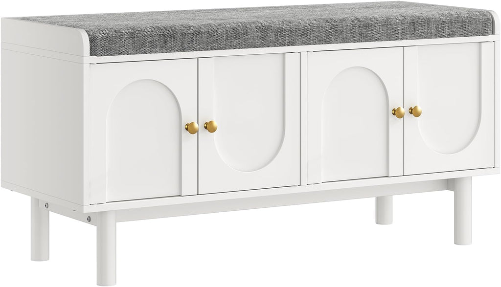Shoe Storage Bench, 2-Tier Entryway Bench with Cushion, 15" D x 39.4" W x 19.7" H, Shoe Cabinet Bench with 4 Doors and Adjustable Shelves, for Entryway, Hallway, Bedroom, Living Room, White