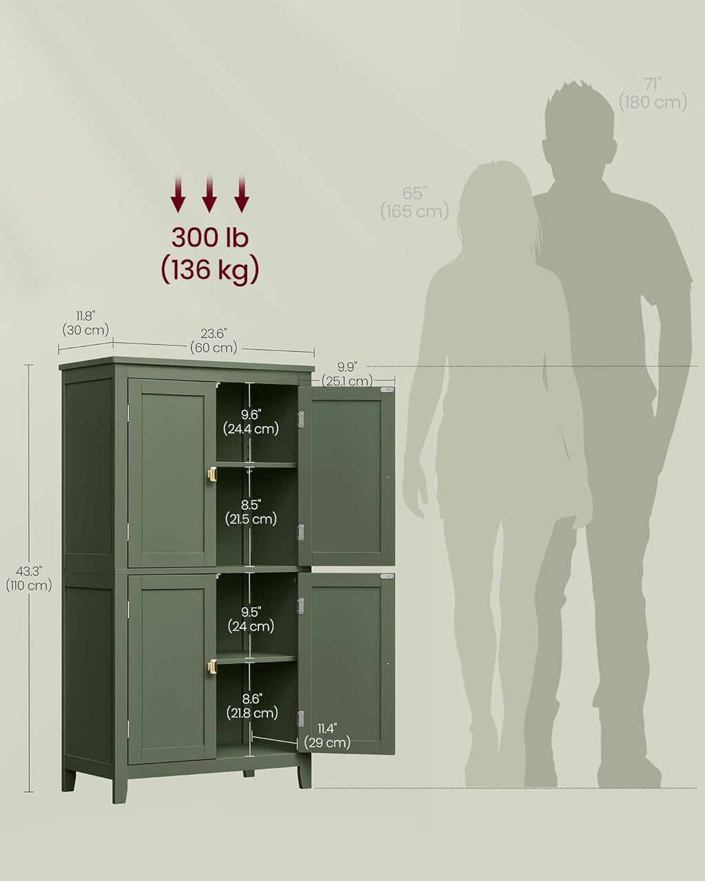 VASAGLE Floor Storage Cabinet, Freestanding Unit, 4 Doors | Adjustable Shelves, 11.8 x 23.6 x 43.3 Inches, for Entryway, Bathroom, Forest Green, UBBC552C01