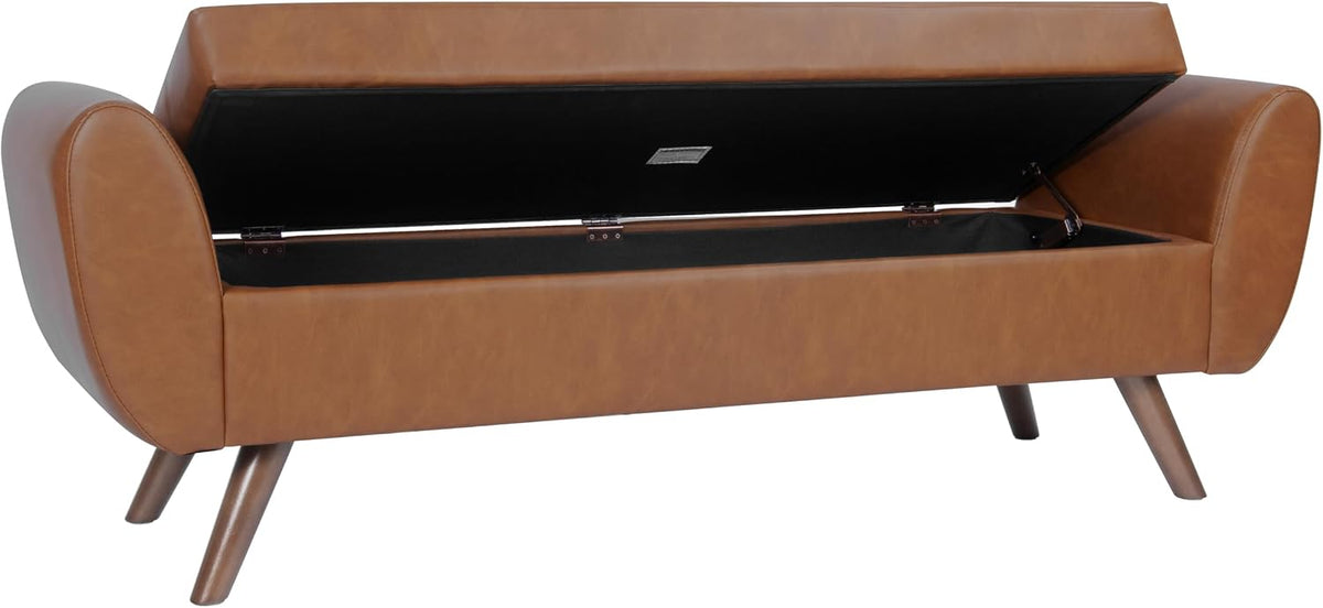 HomePop Modern Storage Bench with Wood Legs |Homepop Home Décor|Bench with Storage for Living Room & Bedroom - Cognac Brown Faux Leather