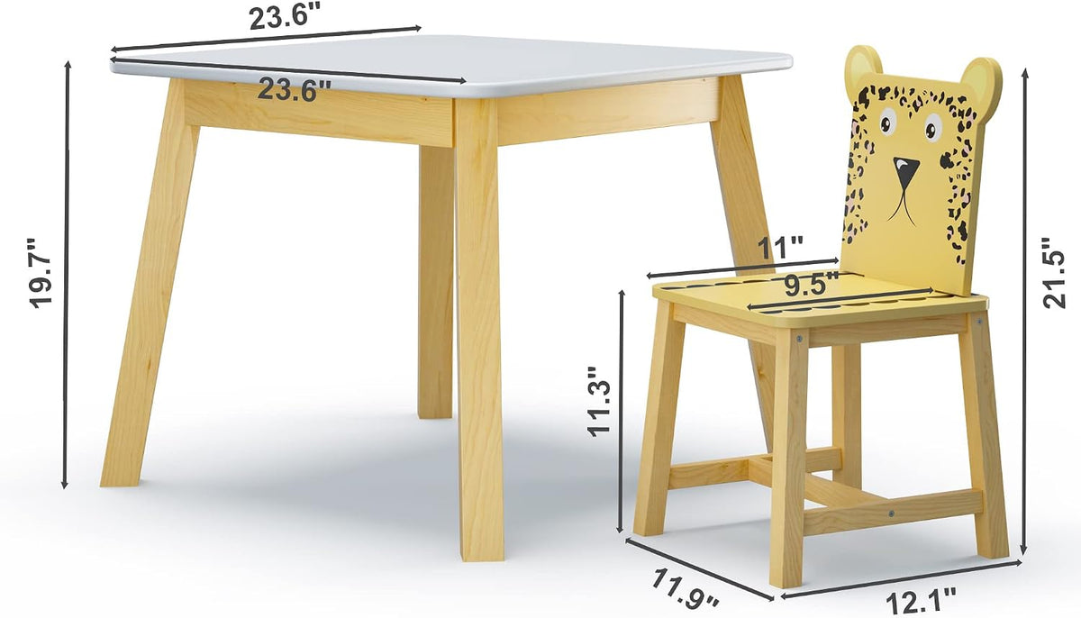 5 Pieces Table and Chair Set, Cartoon Animals Pattern Activity Play Set with Solid Wood Legs, Wooden Furniture for Playroom, Daycare & Kindergarten