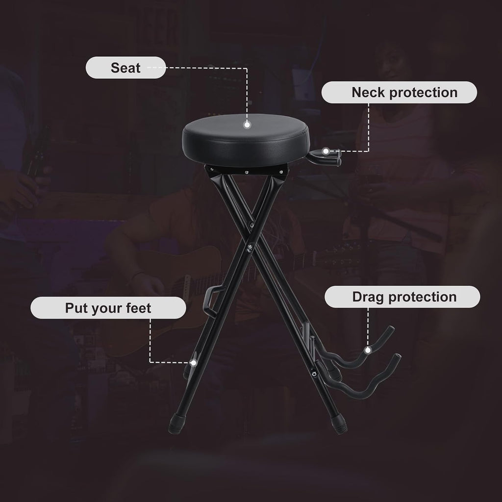 Guitar Stool, Foldable Padded Seat with Built-in Stand & Footrest, Retractable Hook Non-Slip Feet for Acoustic Electric Bass Home Studio Practice (Black-B)
