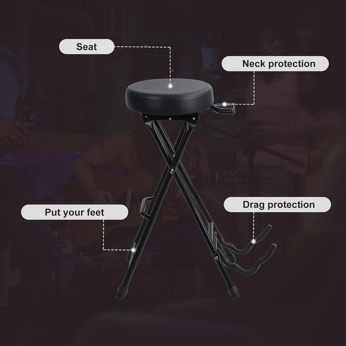 Guitar Stool, Foldable Padded Seat with Built-in Stand & Footrest, Retractable Hook Non-Slip Feet for Acoustic Electric Bass Home Studio Practice (Black-B)